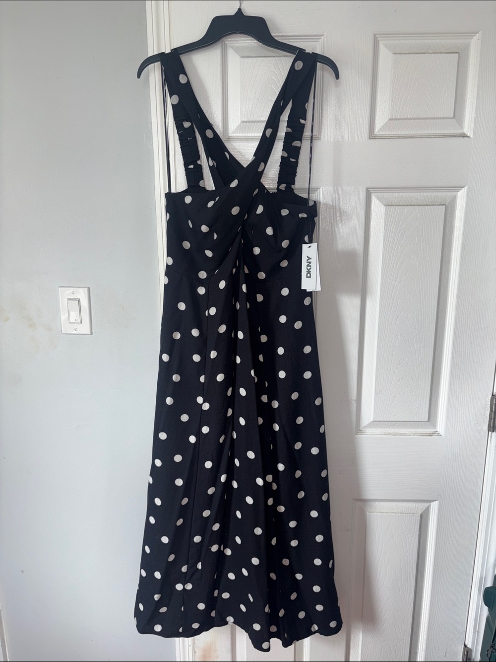 DKNY Black Midi Dress with White Polka Dots